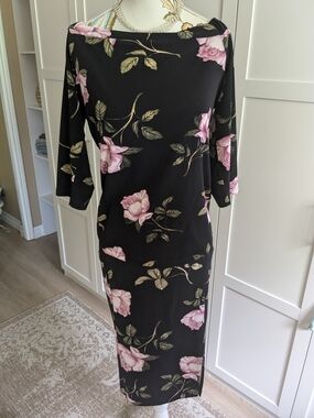 Dynamite Black Midi Dress with Pink Rose Print 2ps Set Top And Skirt